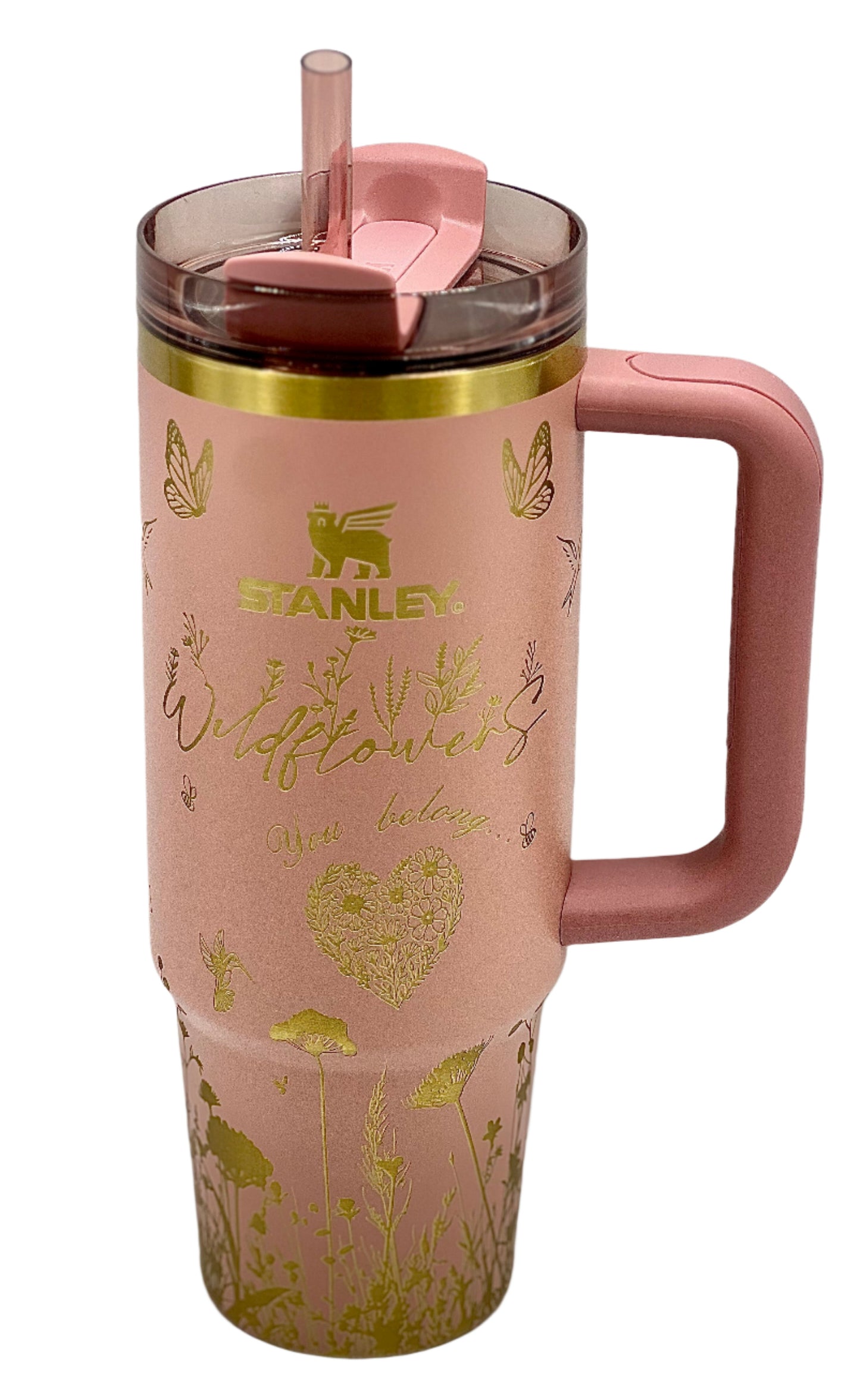 Full Wrap Custom wildflower design, Stanley 30 oz. tumbler in Antique Pink & Gold