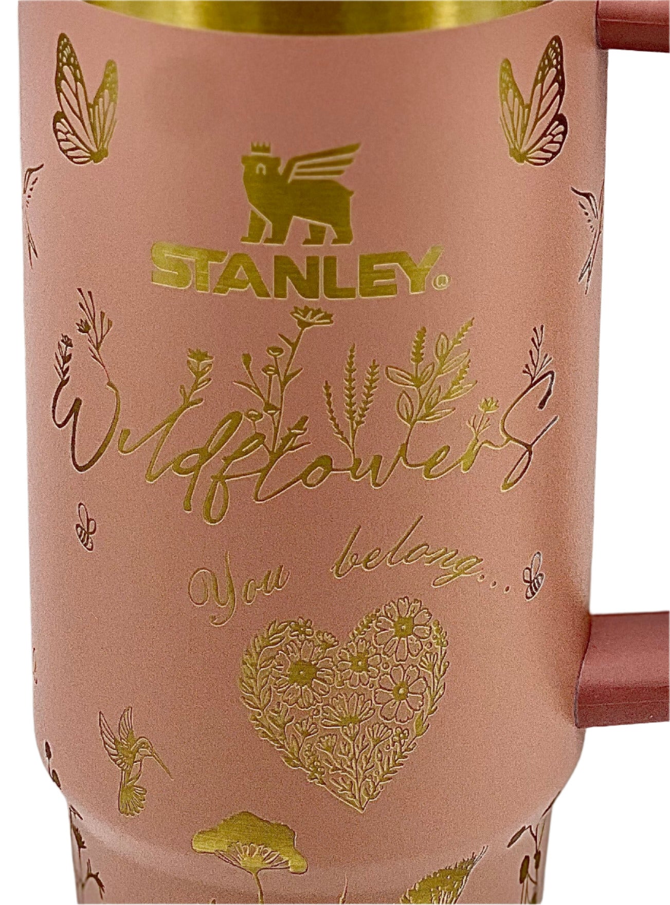 Full Wrap Custom wildflower design, Stanley 30 oz. tumbler in Antique Pink & Gold