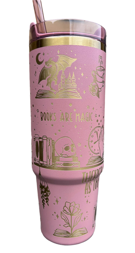 Full Wrap Custom Book Lover design, Stanley 30 oz. tumbler in Antique Pink & Gold