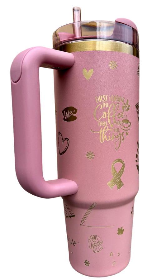Full Wrap Gilmore Girls inspired design, Stanley 30 oz. tumbler in Antique Pink and Gold