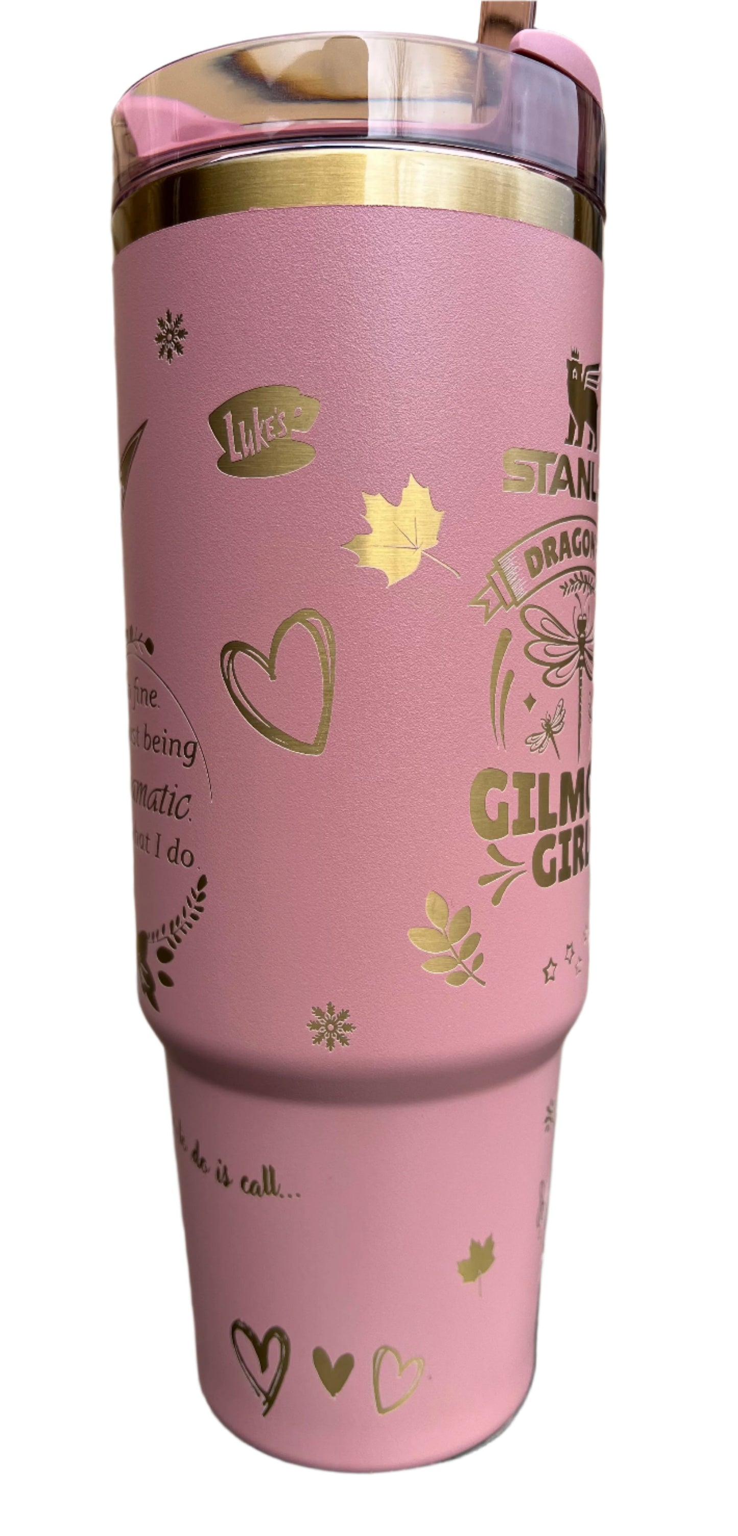 Full Wrap Gilmore Girls inspired design, Stanley 30 oz. tumbler in Antique Pink and Gold