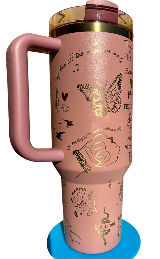 Full Wrap Eras inspired design, Stanley 40 oz. tumbler in Antique Pink & Gold
