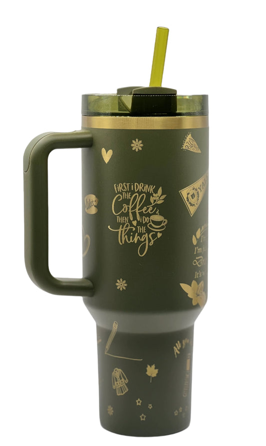 Full Wrap Gilmore Girls inspired design, Stanley 40 oz. tumbler in Cypress & Gold