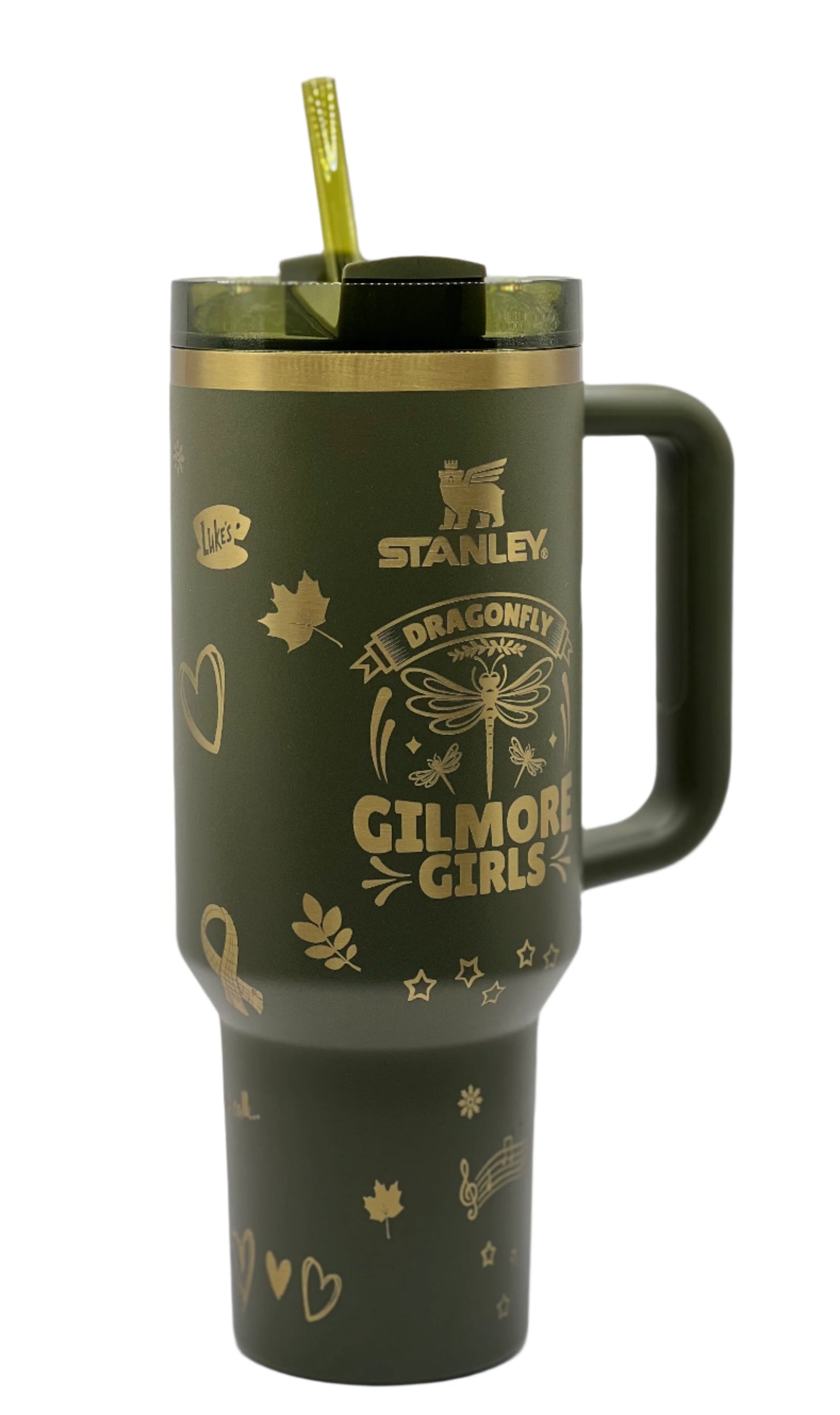Full Wrap Gilmore Girls inspired design, Stanley 40 oz. tumbler in Cypress & Gold