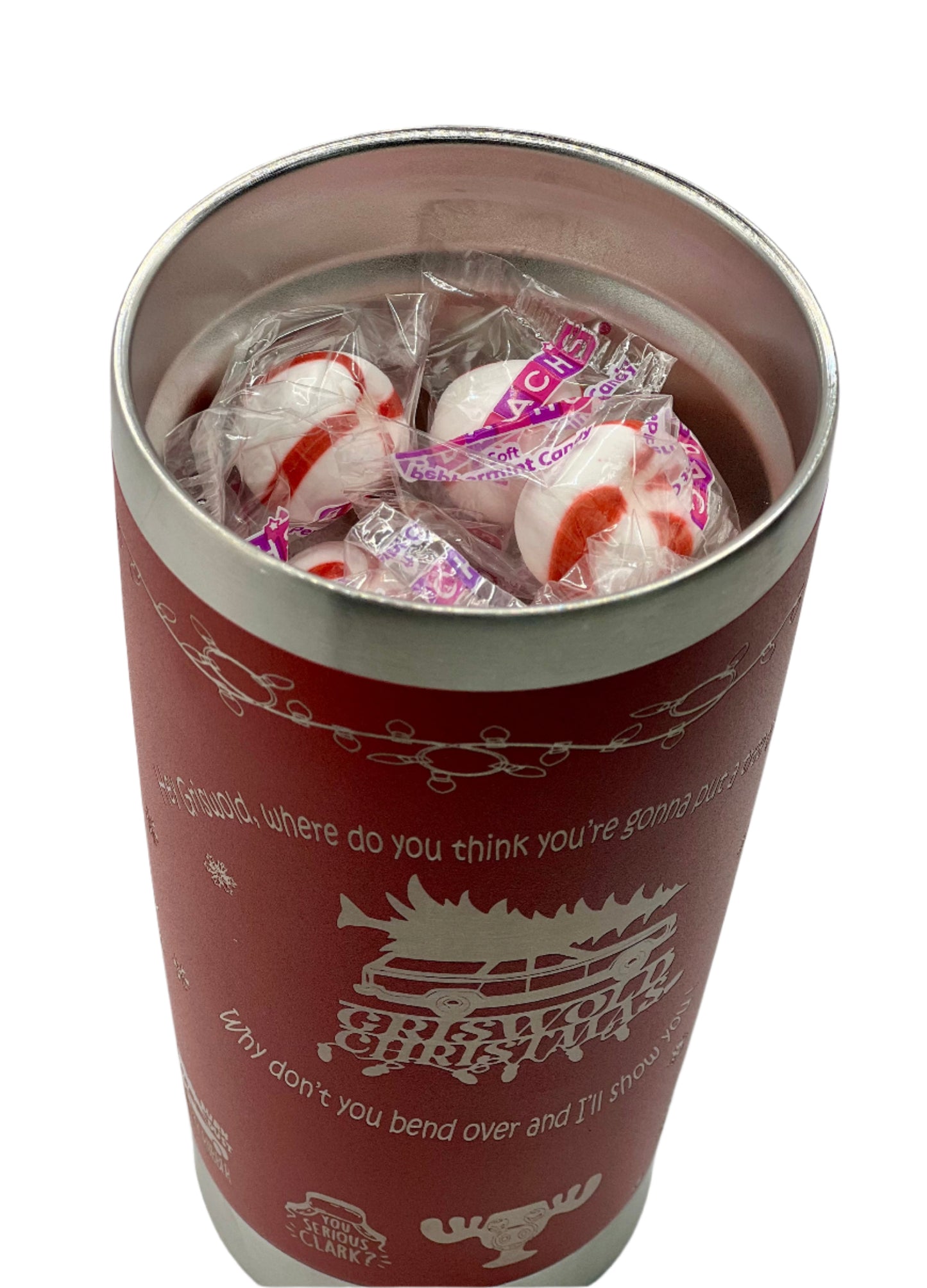 Full Wrap X-Mas Vacation inspired design, 20 oz. tumbler in Red with Peppermint Candy