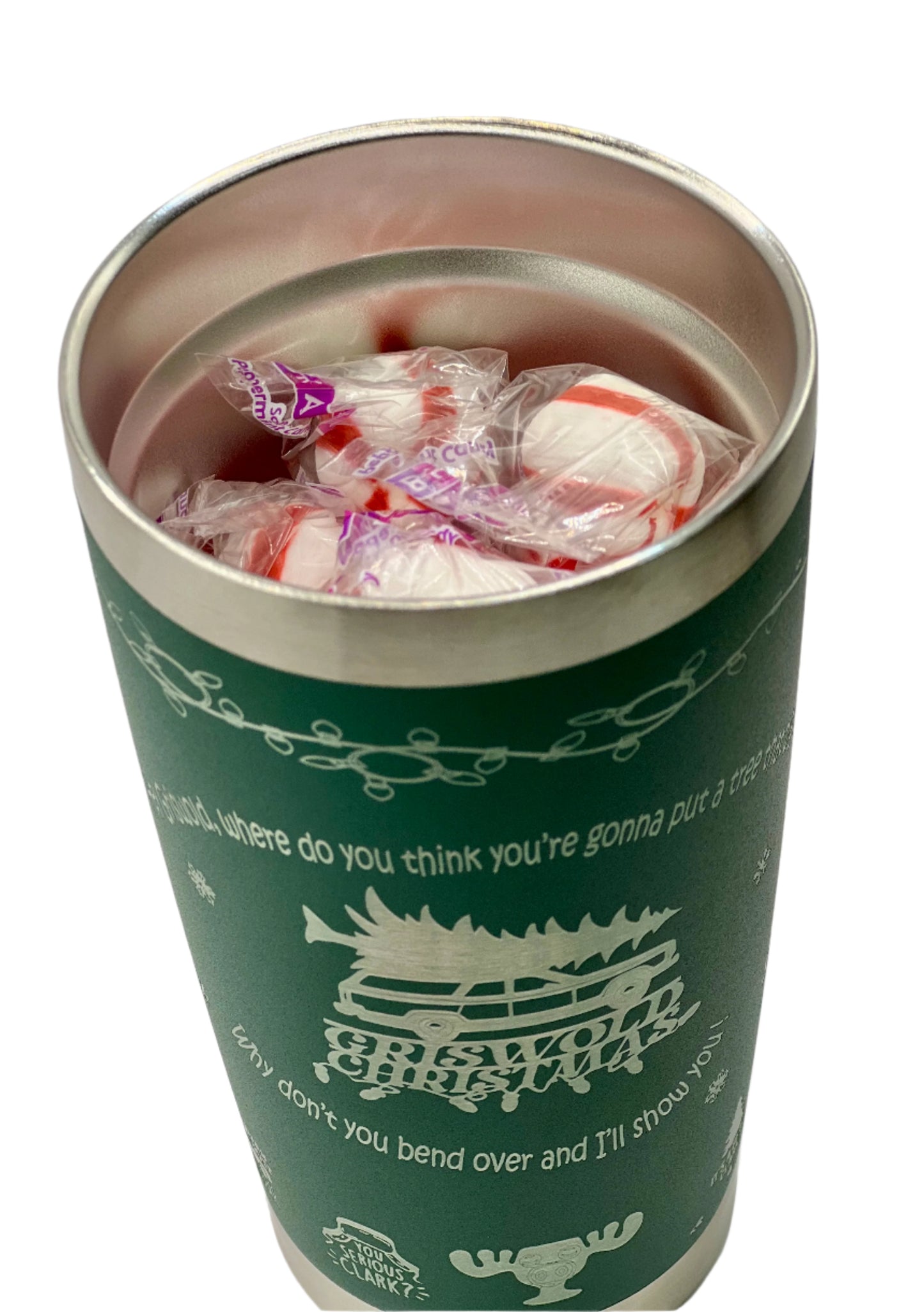 Full Wrap X-Mas Vacation inspired design, 20 oz. tumbler in Green with Peppermint Candy